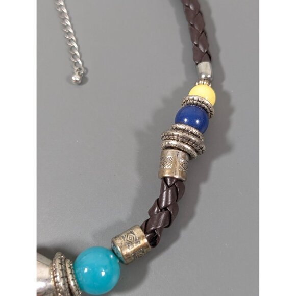 Boho Western Orange Blue Bead Braided Cord Necklace Statement Bold 21" - Picture 4 of 8